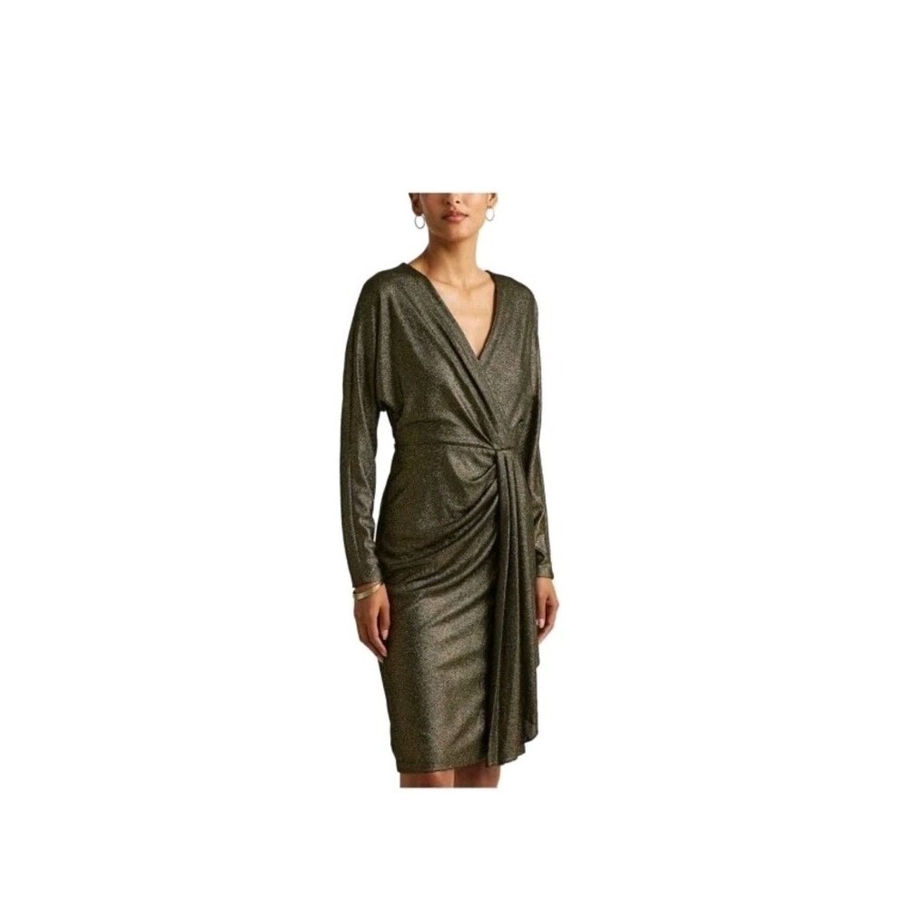 Lauren Ralph Lauren Dress Womens Gold Metallic Textured‎ Faux Wrap Size 6
